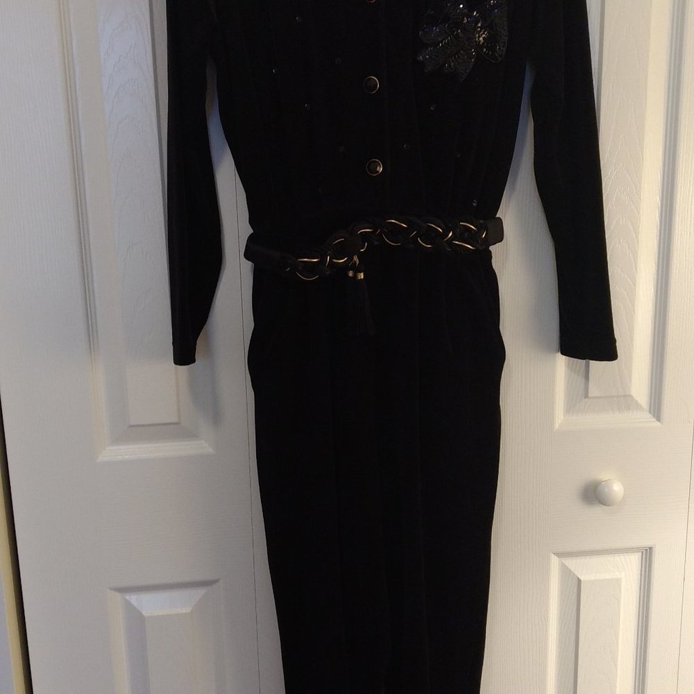 Black Velvet Jumpsuit with Braided Belt